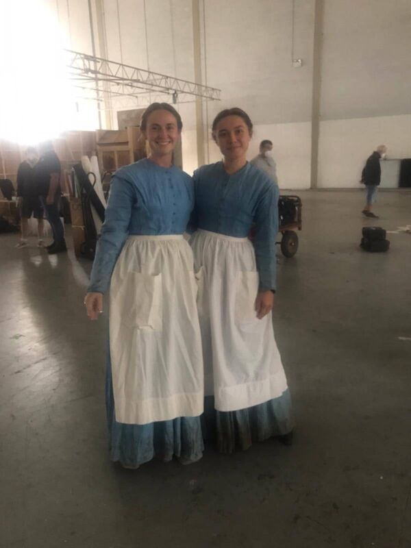 Stunt performer Niamh Hogan with movie star Florence Pugh during filming for the 2022 film 'The Wonder'