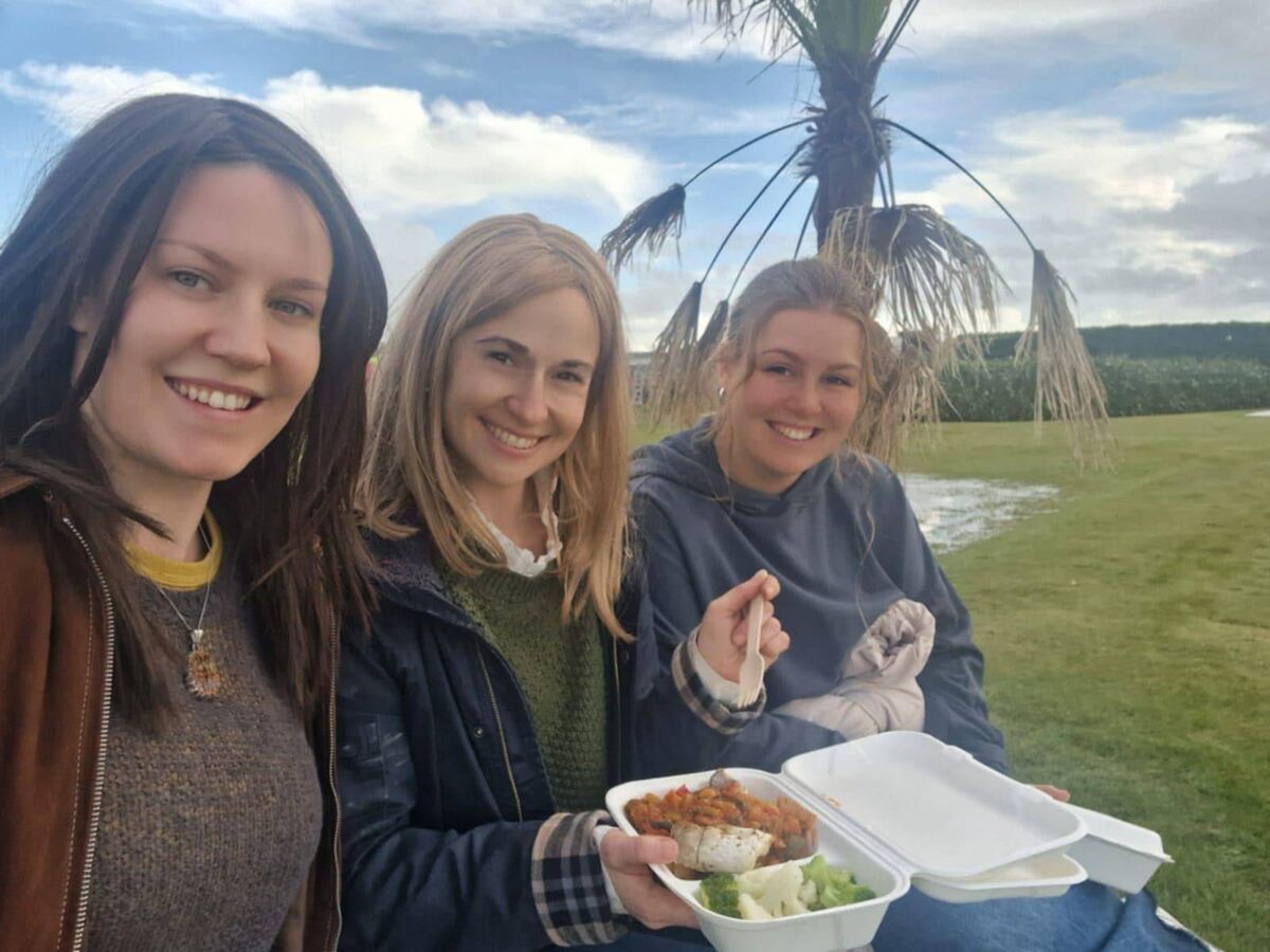 From left, stunt performers Becky Griffin, Niamh Hogan and Charlotte Carway take a break from filming. The trio are among the most sought after stunt performers in Ireland and have worked with Hollywood stars from Hugh Jackman to Florence Pugh.
