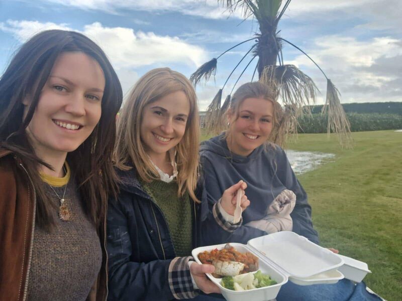 From left, stunt performers Becky Griffin, Niamh Hogan and Charlotte Carway take a break from filming. The trio are among the most sought after stunt performers in Ireland and have worked with Hollywood stars from Hugh Jackman to Florence Pugh.