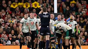 <p>SIN BIN: Garry Ringrose of Ireland, left, is shown a yellow card by referee Christophe Ridley during the Guinness Six Nations Rugby Championship match against Wales at the Principality Stadium in Cardiff, Wales. Photo by Seb Daly/Sportsfile</p>