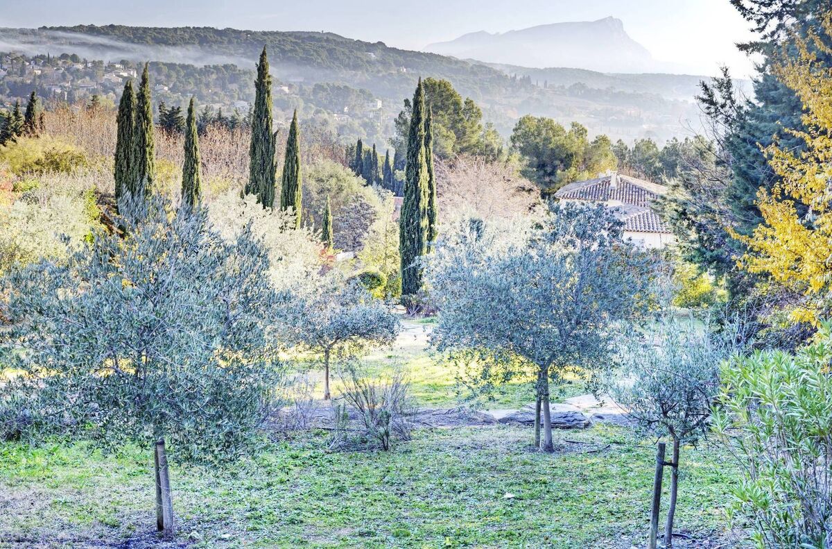 Provencal landscape, France, showing Mont Ste Victoire, from the same spot in Aix-en-Provence where Cezanne painted the same landscape as it was in the 19th century.