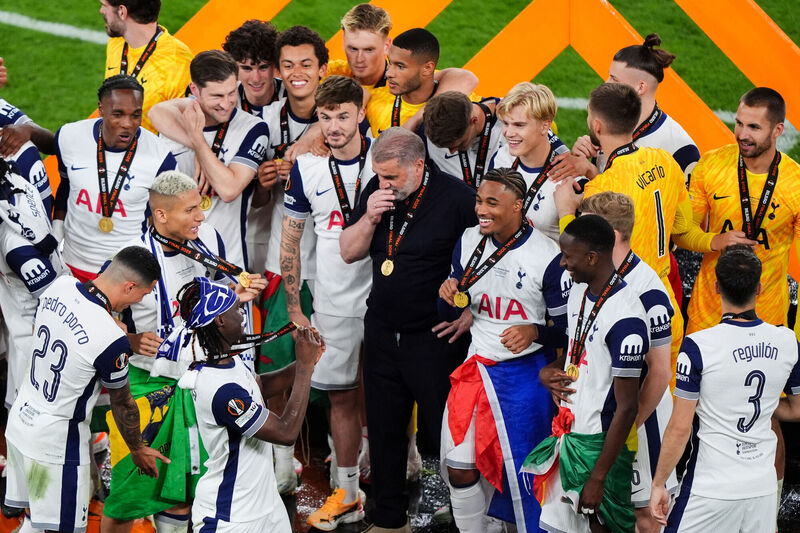 HIS PLAYERS: Tottenham Hotspur manager Ange Postecoglou with his players following the UEFA Europa League final at the Estadio de San Mames, Bilbao, Spain. Pic: Andrew Milligan/PA Wire HIS PLAYERS: Tottenham Hotspur manager Ange Postecoglou with his players following the UEFA Europa League final at the Estadio de San Mames, Bilbao, Spain. Pic: Andrew Milligan/PA Wire