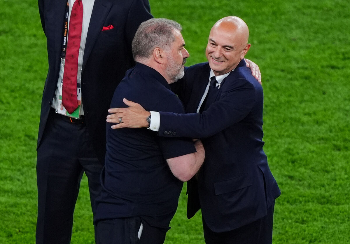 DECISIONS AWAIT: Tottenham Hotspur manager Ange Postecoglou with Tottenham Hotspur chairman Daniel Levy following the UEFA Europa League final at the Estadio de San Mames, Bilbao, Spain. Pic: Andrew Milligan/PA Wire