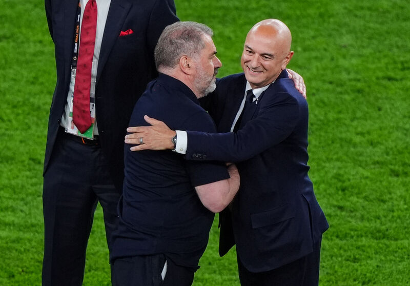 DECISIONS AWAIT: Tottenham Hotspur manager Ange Postecoglou with Tottenham Hotspur chairman Daniel Levy following the UEFA Europa League final at the Estadio de San Mames, Bilbao, Spain. Pic: Andrew Milligan/PA Wire DECISIONS AWAIT: Tottenham Hotspur manager Ange Postecoglou with Tottenham Hotspur chairman Daniel Levy following the UEFA Europa League final at the Estadio de San Mames, Bilbao, Spain. Pic: Andrew Milligan/PA Wire