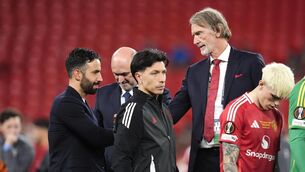 <p>STILL MY MAN: Manchester United manager Ruben Amorim (left) shake hands with Manchester United minority owner Sir Jim Ratcliffe following defeat in the UEFA Europa League final at the Estadio de San Mames in Bilbao, Spain. Pic: PA Wire</p>