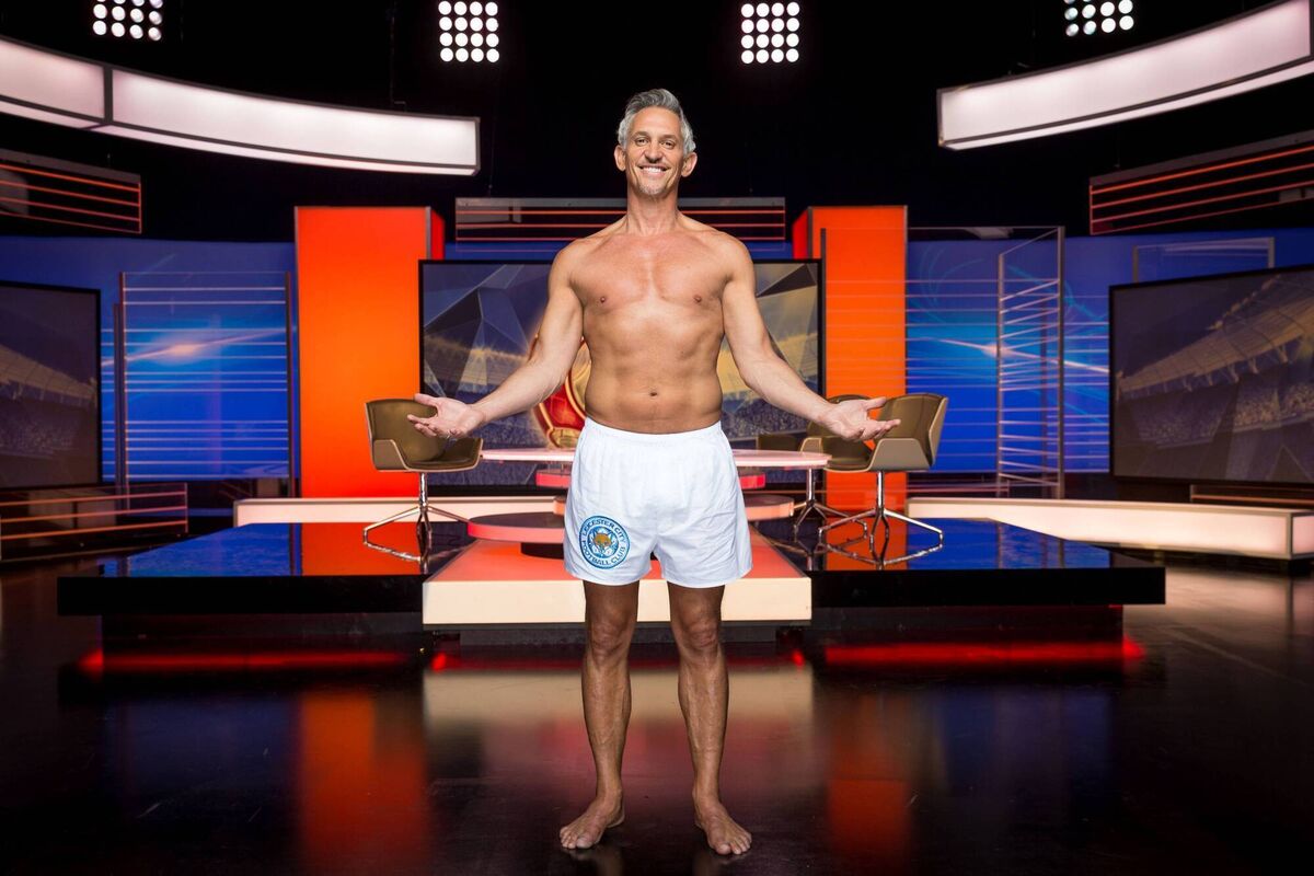 Gary Lineker presented ‘Match of the Day’ in his underwear in 2016, after he vowed to do so if underdogs Leicester City won the Premier League. Picture: Guy Levy Gary Lineker presented ‘Match of the Day’ in his underwear in 2016, after he vowed to do so if underdogs Leicester City won the Premier League. Picture: Guy Levy