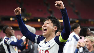 <p>NOT A BAD WAY TO GO: Tottenham Hotspur's Son Heung-Min celebrates following victory in the UEFA Europa League final. Pic: Nick Potts/PA Wire.</p>