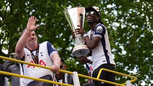 <p>Manager Ange Postecoglou and Yves Bissouma enjoy Tottenham’s Europa League celebrations (John Walton/PA)</p>