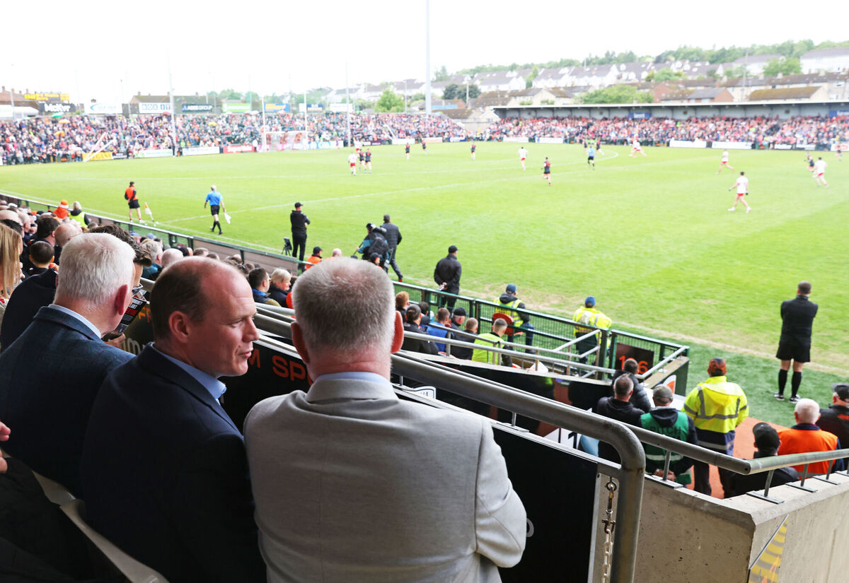 WATCHING ON: DUP Sports minister Gordon Lyons (second right) attends his first GAA match, the Armagh vs Derry Senior Football Championship, at the Athletic Ground in Armagh. Picture date: Saturday May 24, 2025. PA Photo. Photo credit should read: Peter Morrison/PA Wire