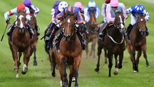 <p>IN FULL FLOW: Lake Victoria and Ryan Moore win  the Tattersalls Irish 1,000 Guineas at the Curragh.  	Picture: Healy Racing</p>