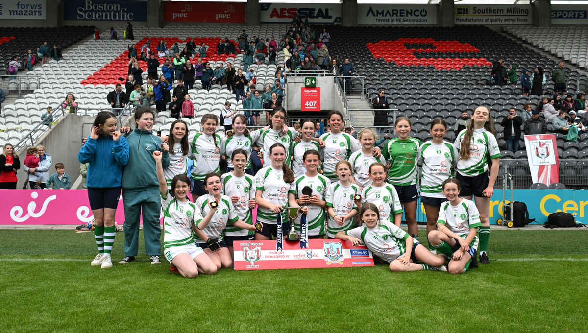 DC7 FINAL: Gaelscoil an Caislean celebrate their victory in the Allianz Sciath na Scol Chorcaí DC7 final at Supervalu Páirc Uí Chaoimh. Pic: Dan Linehan