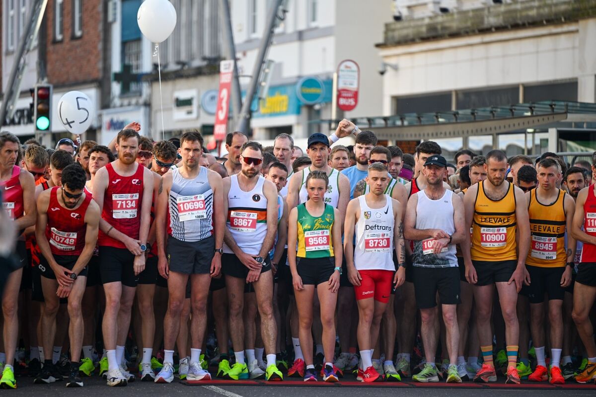 Niamh O’Mahony, winner of the women’s 10km category of the 2024 Cork City Marathon surrounded by men on the starting line. Picture: Chani Anderson