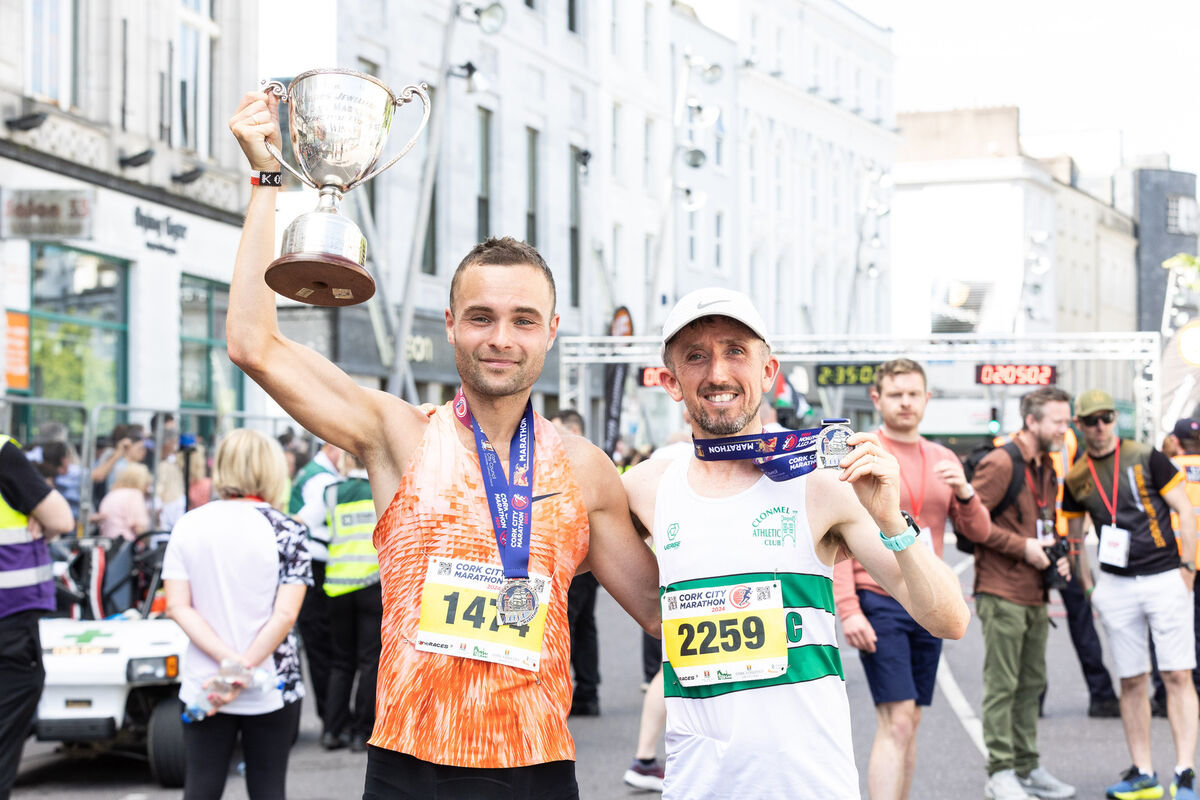 Winner of last year's Cork City Marathon Pawel Kosek with second place winner David Mansfield, Clonmel AC. Picture: Darragh Kane