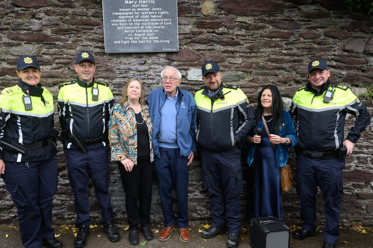 Bernie Sanders and his wife Jane under the Mother Jones plaque with Garda Michelle McNamara, Sgt JP Twomey, Garda Tony Gardiner and Sgt David Fleming. Picture Dan Linehan Bernie Sanders and his wife Jane under the Mother Jones plaque with Garda Michelle McNamara, Sgt JP Twomey, Garda Tony Gardiner and Sgt David Fleming. Picture Dan Linehan