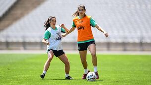 <p>AMERICAN PALS: Erin Healy and Marissa Sheva during a Republic of Ireland women's training session at the Ataturk Olympic Stadium in Istanbul. Pic: Stephen McCarthy/Sportsfile.</p>