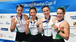 <p>The W4- of Eimear Lambe (Old Collegians BC), Tara Hanlon (UCC), Aifric Keogh (DULBC), and Natalie Long (Killorglin RC). Photo: World Rowing</p>