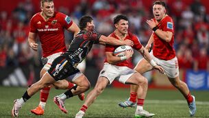 <p>Calvin Nash is tackled by Alessandro Garbisi during the United Rugby Championship match between Munster and Benetton at Virgin Media Park. Pic: Brendan Moran/Sportsfile.</p>