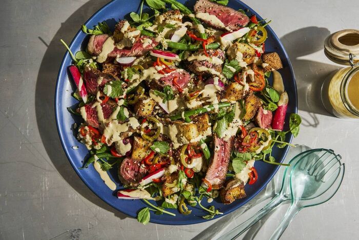 Sesame Soy Steak with Furikake Croutons, Pickled Chillies & Sesa-Miso Dressing