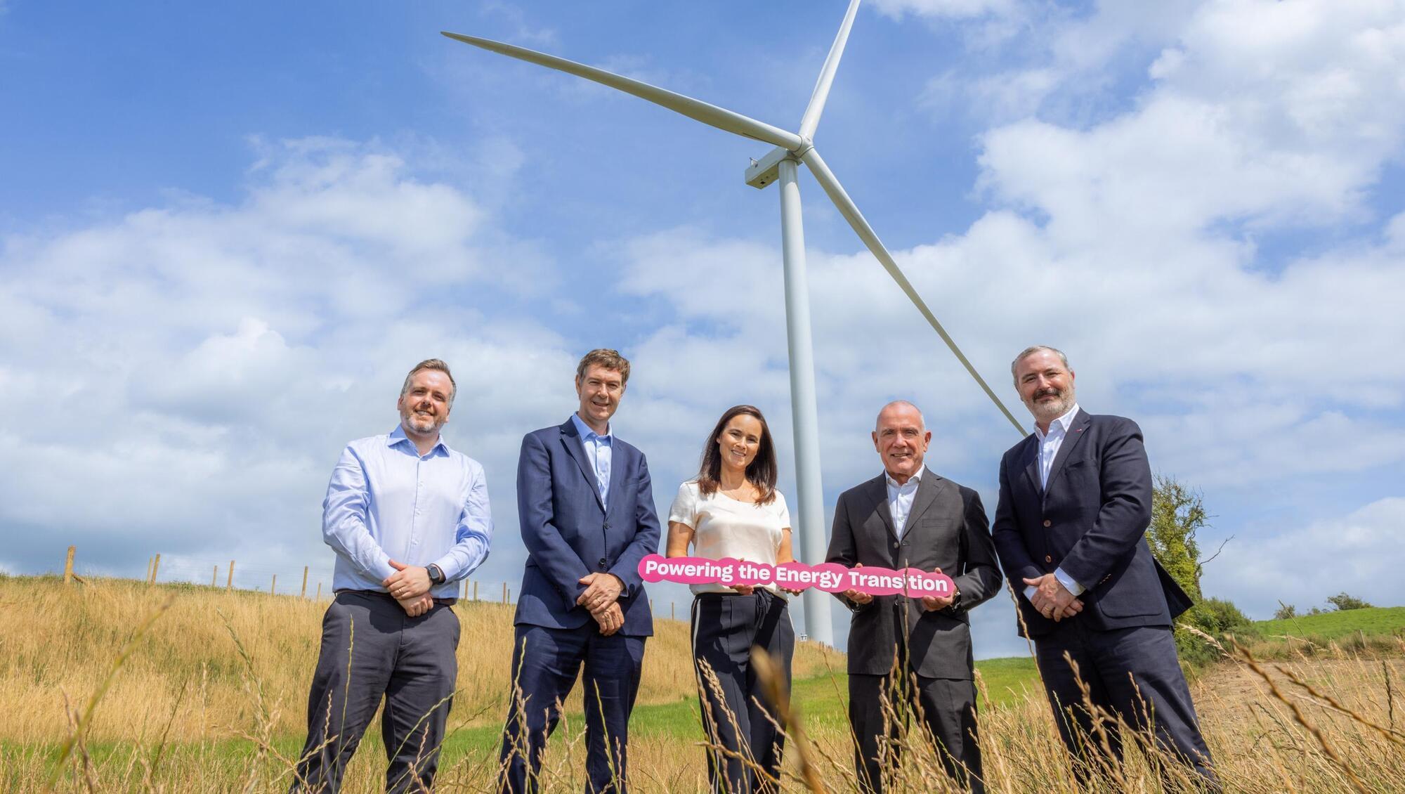 At the 49MW Drumlins Park wind farm, Energia Group’s 16th wind farm, the first of several projects to reach commercial operation under a strategic agreement with Microsoft — Sean Finnegan, energy manager, Microsoft Ireland; Peter Baillie, MD, Energia Renewables; Victoria Keogh, head of comms, Microsoft Ireland; Ian Thom, CEO Energia Group; Garrett Donnellan, chief development officer, Energia Group.
