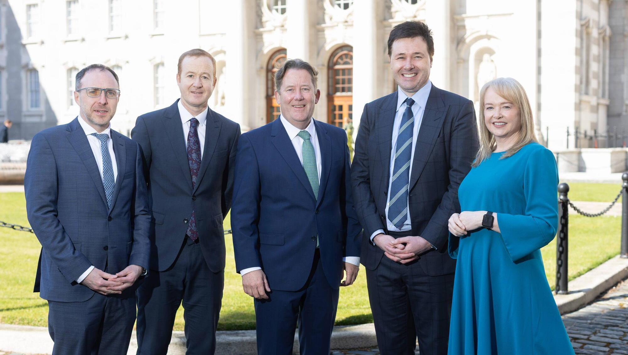 Welcoming the participation of seven credit unions from the Irish League of Credit Unions (ILCU) in the €500m Home Energy Upgrade Loan Scheme: (L-R): Minister of State, Robert Troy; William Walsh, SEAI CEO; Minister for Environment, Climate and Communications, Darragh O’Brien;  David Malone, CEO of the ILCU; and June Butler, SBCI CEO.