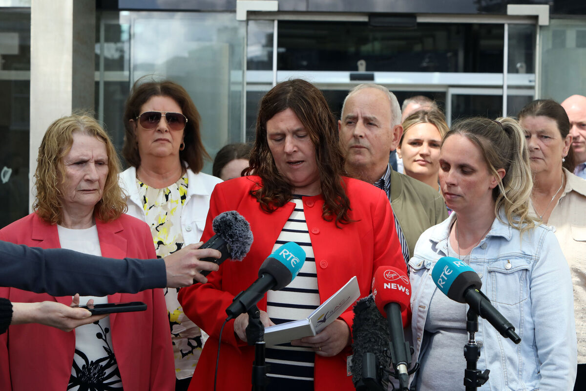Members of the Howard family (Lorraine Howard Red Jacket Brown hair and Sarah Howard Blonde hair denim jacket) speak to the press after the conviction of Richard Satchwell of Tina Satchwell, at the CCJ in Dublin today.