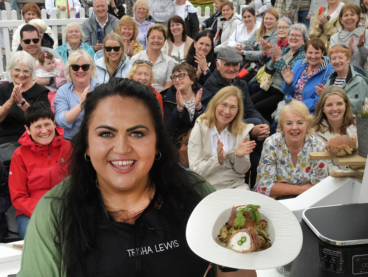 Chef Tricia Lewis giving a cookery demonstration to a crew of hungry festivalgoers. Picture: Moya Nolan