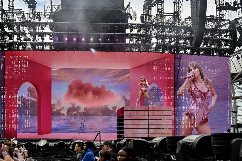 Taylor Swift arrives on to the Aviva stage for the first of her three sold-out Dublin gigs as part of her Eras tour. Picture: Chani Anderson