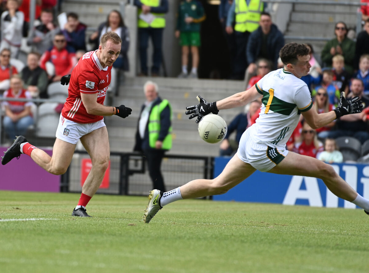Cork's Mattie Taylor has his shot saved by Kerry's Shane Ryan during the All-Ireland SFC, group 2, round 2 clash. Picture: Eddie O'Hare