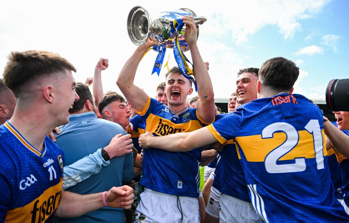 Sam O'Farrell of Tipperary hoists the cup into the air. Picture: Ray McManus/Sportsfile