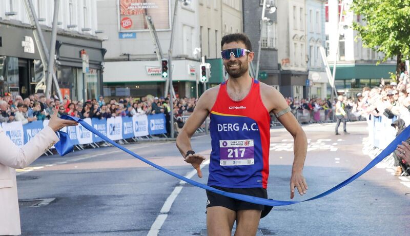 Chris Jeuken crossing the line and winning the Cork City Marathon. Picture: David Creedon Chris Jeuken crossing the line and winning the Cork City Marathon. Picture: David Creedon