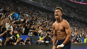 <p>KINGS OF EUROPE: Desire Doue celebrates after scoring PSG's third goal.  Pic: INA FASSBENDER/AFP via Getty Images</p>