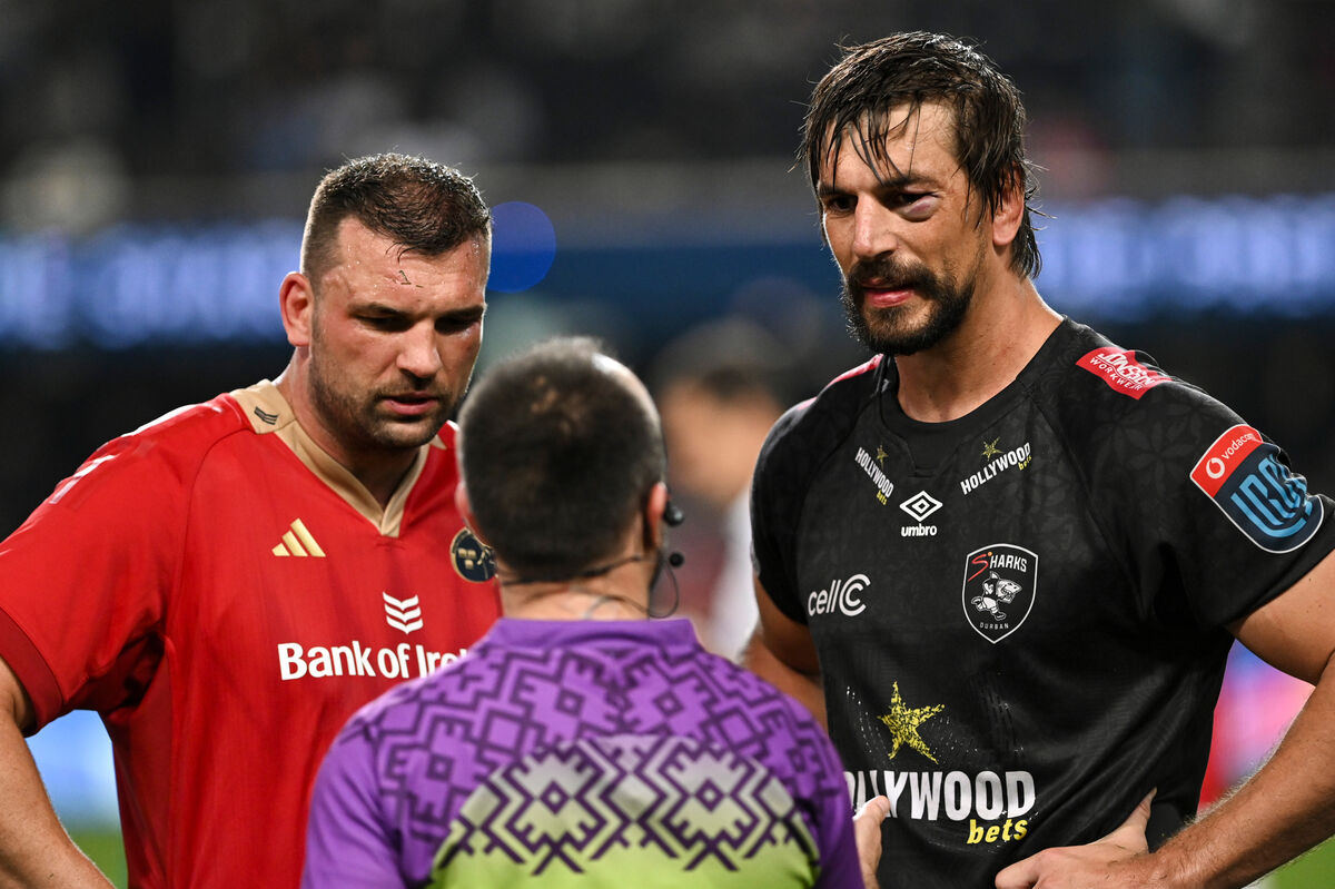 END OF THE ROAD: Tadhg Beirne, captain of Munster and Eben Etzebeth, captain of Hollywoodbets Sharks before the kicking competition on Saturday. Pic: INPHO/Steve Haag Sports/Darren Stewart END OF THE ROAD: Tadhg Beirne, captain of Munster and Eben Etzebeth, captain of Hollywoodbets Sharks before the kicking competition on Saturday. Pic: INPHO/Steve Haag Sports/Darren Stewart