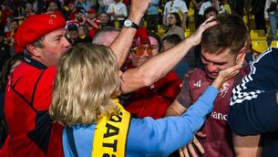 <p>JACK THE LAD: Jack Crowley of Munster is congratulated by supporters after the Investec Champions Cup Round of 16 match at La Rochelle. Pic: Ramsey Cardy/Sportsfile</p>