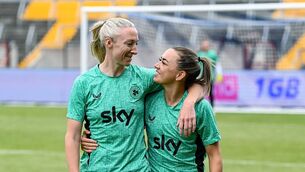 <p>BUDDIES: Ireland's Louise Quinn and Katie McCabe after the Republic of Ireland women's training session at Páirc Uí Chaoimh in Cork. Pic: Stephen McCarthy/Sportsfile</p>