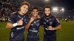<p>KICKING KINGS: The Sharks' Jordan Hendrikse , Bradley Davids and cramp victim Jaden Hendrikse after their win on Saturday in Durban. Pic: Steve Haag Sports</p>