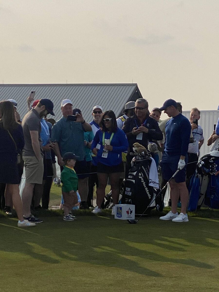When Rory met Rory: Two year old Rory McNerney showed off his green jacket to the Masters champion, who declared: It took me a bit longer to get mine. Pic: Joe Callaghan 
