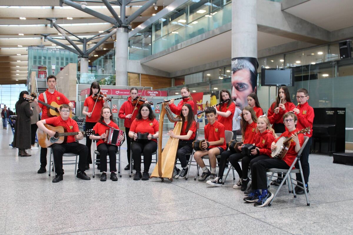 Performers from Comhaltas na Dúglaise at Cork Airport ahead of Fleadh Cheoil Chorcaí 2024.