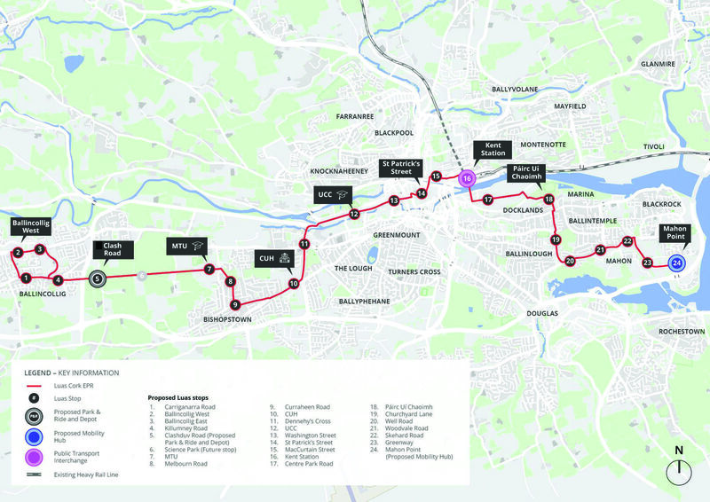 Map released in April showing the emerging preferred route of the 18km Cork Luas route linking Ballincollig to Mahon Point. Image: LuasCork.ie Map released in April showing the emerging preferred route of the 18km Cork Luas route linking Ballincollig to Mahon Point. Image: LuasCork.ie