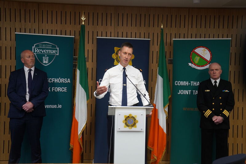 Gerry Harrahill of Revenue and Customs,  Assistant Garda Commissioner Justin Kelly, and Irish Naval Service Commander Tony Geraghty at the Joint Task Force media briefing on September 27, 2023, after the Panamanian-registered MV Matthew was seized with €157m worth of cocaine on board. Picture: Brian Lawless/PA