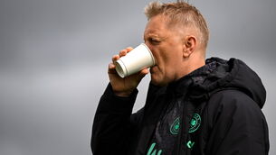 <p>THIRSTY WORK: Heimir Hallgrimsson enjoys a drink during Thursday's training session at the  National Training Centre in Abbotstown. 	Picture: Stephen McCarthy/Sportsfile</p>