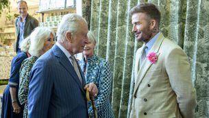 The King meets David Beckham during a visit to the RHS Chelsea Flower Show on May 19 (Paul Grover/Daily Telegraph) (PA)