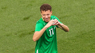 <p>DREAM COME TRUE: Ireland’s Kasey McAteer celebrates scoring his first senior goal. Pic: ©INPHO/Laszlo Geczo</p>