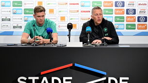 <p>STRIKING A BALANCE: Head coach Heimir Hallgrimsson and Nathan Collins this morning at the Stade de Luxembourg ahead of their friendly against Luxembourg. Pic: Stephen McCarthy/Sportsfile</p>