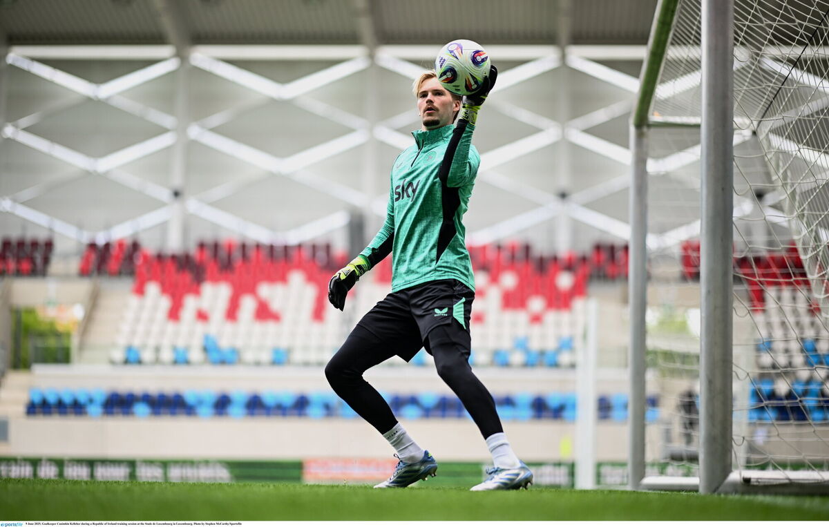 Goalkeeper Caoimhin Kelleher during a Republic of Ireland training session at the Stade de Luxembourg. Pic: Stephen McCarthy/Sportsfile. Goalkeeper Caoimhin Kelleher during a Republic of Ireland training session at the Stade de Luxembourg. Pic: Stephen McCarthy/Sportsfile.
