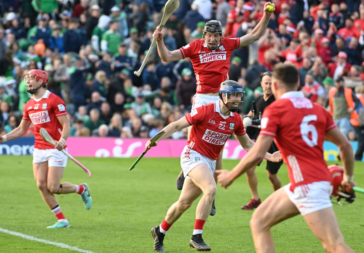 Cork 's Eoin Downey and Conor Lehane celebrate after the penalty shoot out against Limerick. Pic: Eddie O'Hare.