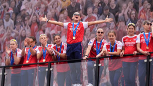 <p>Arsenal's Katie McCabe (centre) and team-mates during the UEFA Women's Champions League Winners parade in London. Pic: Adam Davy/PA Wire.</p>