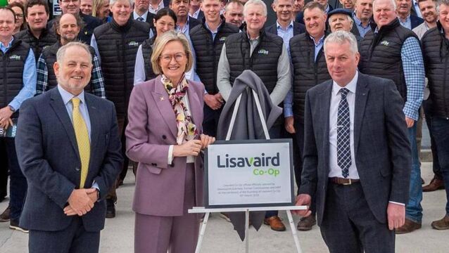 <p>Former EU Commissioner and MEP Mairead McGuinness Lisavaird Co-Op CEO Martin Dineen and James Healy, chair of Lisavaird Co-Op, at a centenary event at Lisavaird in March. Picture: Andy Gibson</p>