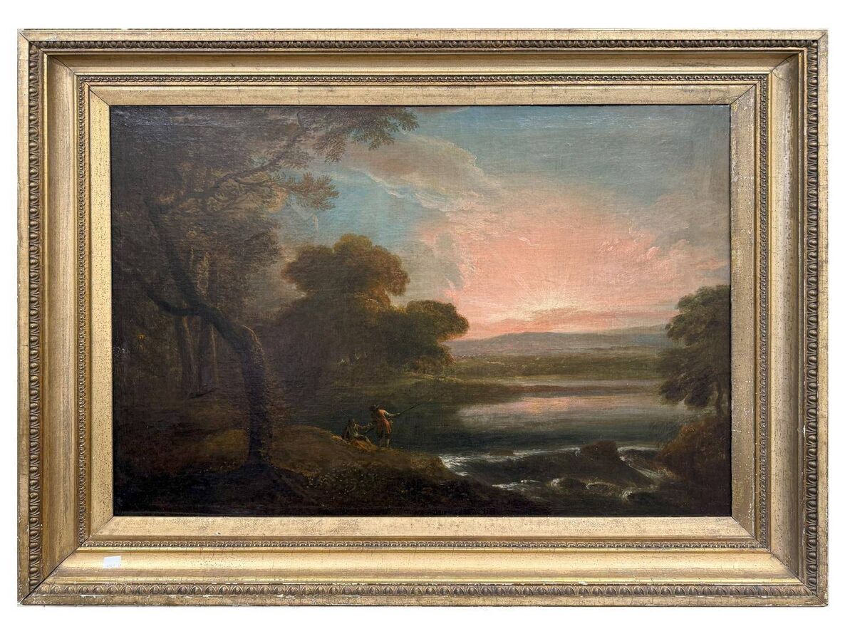 'Fishermen by a River at Sunset' attributed to John Butts (c1728-1765). 