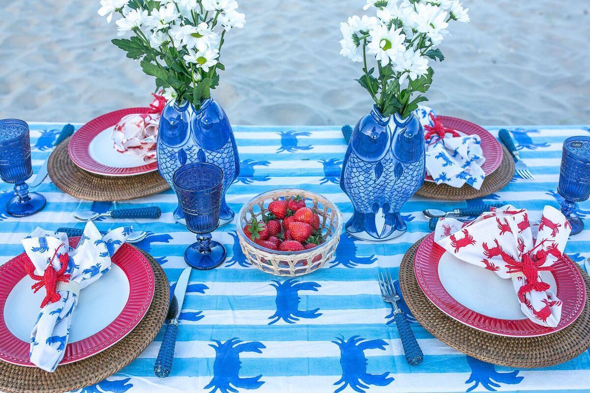 Blue and white are summer fabric colours ideal for a picnic or a relaxed lunch on the deck; Blue Crab tablecloth, from €79.50, with napkins, €39.50 for four, Lnhedit.com. Blue and white are summer fabric colours ideal for a picnic or a relaxed lunch on the deck; Blue Crab tablecloth, from €79.50, with napkins, €39.50 for four, Lnhedit.com.