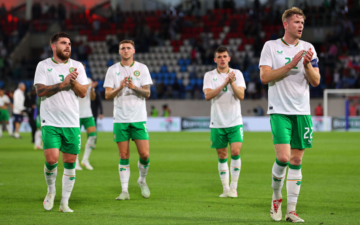 Ryan Manning, Jack Taylor, Jason Knight and Nathan Collins applaud the travelling fans after the game. Picture: Picture: Ryan Byrne/Inpho Ryan Manning, Jack Taylor, Jason Knight and Nathan Collins applaud the travelling fans after the game. Picture: Picture: Ryan Byrne/Inpho
